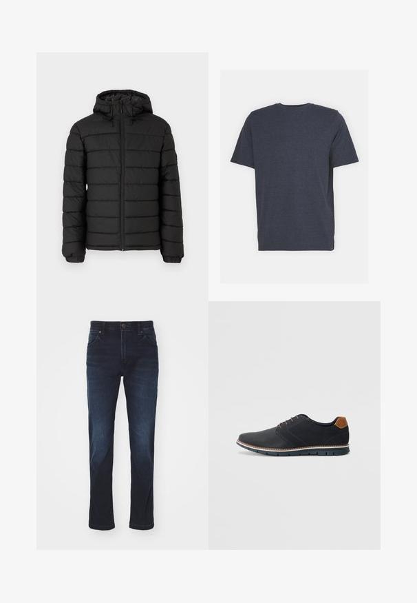 Fekete, kapucnis puffertakó, steppelt mintával, elöl cipzárral, rugalmas mandzsettákkal és sima textúrával, mely melegséget és szigetelést biztosít.; Sötétkék, kerek nyakú póló, puha pamut keverék anyagból készült, rövid ujjú és normál szabású. Nincsenek látható minták vagy díszítések.; Sötétkék farmernadrág egyenes lábbal, cipzáras sliccel, gombos zárással és öt zsebbel. Simaság jellemzi, enyhe kopással.; Fekete szintetikus cipők, textúrált felsőrésszel, sima díszítésekkel, barna sarkával és kontrasztos talppal. Minimális fűzéssel és varrási részletekkel rendelkezik.