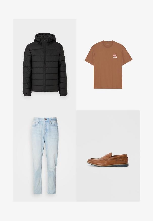 Melnā pūkāmā jaka ar kapuci, ar quilted dizainu, priekšējo rāvējslēdzēju, elastīgām piedurknēm un gludu tekstūru, nodrošinot siltumu un izolāciju.; Brūna īsām piedurknēm T-krekls, kas izgatavots no kokvilnas, ar rozā saules grafiku un tekstu "SOLAR" uz kreisā krūšu daļas. Ar apaļu kakla izgriezumu.; Gai zilgani džinsi ar taisnu griezumu, piecu kabatu dizainu un pogu aizdari viduklī, ar nedaudz nolietotām vietām.; Brūnas ādas loafers ar apaļu purngalu, ar šuvēm un zemu gumijas zoli. Dizainā ir josla pāri augšējai daļai.