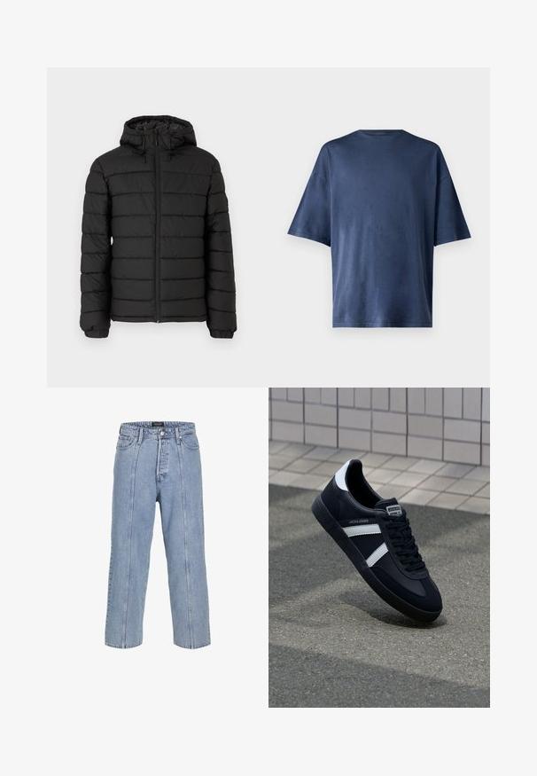 Chaqueta de plumas negra con capucha, diseño acolchado, cremallera frontal, puños elásticos y una textura suave, que ofrece calidez y aislamiento.; Camiseta de manga corta azul marino, hecha de una tela suave, con un cuello redondo clásico y un corte relajado, sin patrones ni acentos visibles.; Vaqueros de mezclilla de color azul claro con un corte suelto, piernas anchas y detalles de costura visibles. Cuenta con un cierre de botón y cremallera, y cinco bolsillos.; Zapatilla de cuero negra con rayas blancas, suela de goma texturizada y parte frontal con cordones. Cuenta con una etiqueta de marca en la lengüeta.