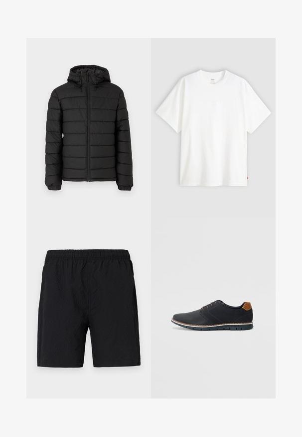 Crna puffer jakna s kapuljačom, sa šivenim uzorkom, prednjim zatvaračem, elastičnim manžetama i glatkom teksturom, koja pruža toplinu i izolaciju.; Bijela kratka majica od pamuka s okruglim izrezom. Sadrži suptilni reljefni logo detalj sprijeda i crvenu oznaku na rubu.; Crne kupaćice od teksturirane tkanine, s elastičnim pojasom i bočnim džepovima, u slobodnom kroju.; Crne sintetičke cipele s teksturiranim gornjim dijelom, glatkim akcentima, smešnim petom i kontrastnom potplatom. Imaju minimalne vezice i detalje šivanja.