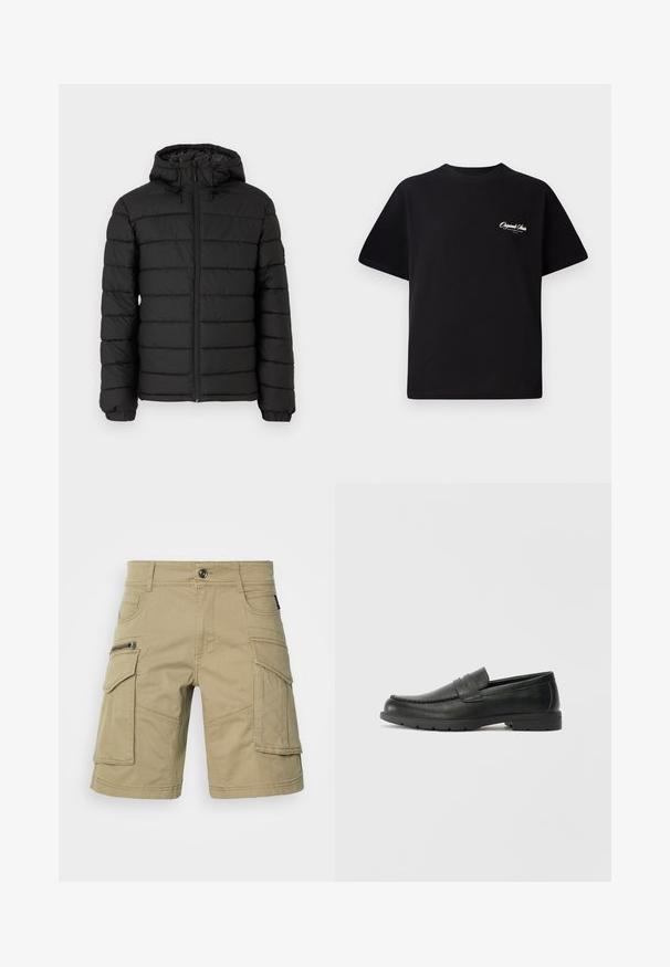 Juodas pūkinis švarkas su gobtuvu, siuvinėta medžiaga, priekinis užtrauktukas, elastingi rankogaliai ir švelni tekstūra, teikianti šilumą ir izoliaciją.; Juodas medvilninis marškinėliai su apvalia kaklo linija, trumpomis rankovėmis ir mažais baltais logotipo raštais kairiajame krūtinės šone. Paprastas dizainas, klasikinio kirpimo.; Šviesiai rudos spalvos cargo šortai, pagaminti iš tvirto audinio, su keliais kišenėmis, užtrauktuku užsegama šonine kišene ir siuvinėtomis detalėmis. Standartinio pločio liemuo su mygtuku.; Juodai odiniai loaferiai su sklandžiu paviršiumi, mokasino stiliaus viršus, siuvinėjimu ir guminėmis padangomis. Klasikinis dizainas su žemu kulnu.