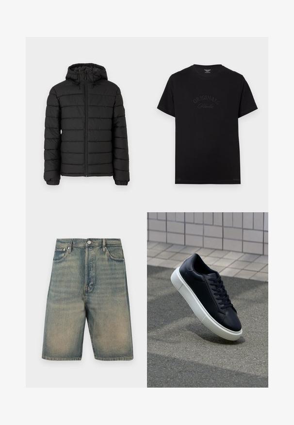 Svart puffjacka med huva, quiltad design, framdragkedja, elastiska ärmslut och en mjuk textur, som erbjuder värme och isolering.; Svart bomulls t-shirt med korta ärmar och rund halsringning. Har "ORIGINALS Studio" präglat i tonade bokstäver på framsidan.; Jeansshorts, bleknad blå färg, hög midja, femficksdesign, med metallbeslag och synliga sömnadsdetaljer.; Svart lädersneaker med rundad tå och vit gummisula. Har platta snören och minimal sömnad på ovansidan. Texturerad sula för grepp.