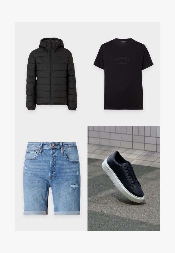 Czarna kurtka puchowa z kapturem, pikowany design, zamek błyskawiczny z przodu, elastyczne mankiety oraz gładka faktura, zapewniająca ciepło i izolację.; Czarny bawełniany t-shirt z krótkim rękawem i okrągłym dekoltem. Na przedzie znajduje się wytłoczone napisy "ORIGINALS Studio" w tonacji kolorystycznej.; Jasnoniebieskie szorty dżinsowe z efektami przetarcia, z podwiniętymi nogawkami, pięcioma kieszeniami i zapięciem na guzik. Wykonane z miękkiego, przewiewnego materiału.; Czarne skórzane sneakersy z okrągłym noskiem i białą gumową podeszwą. Posiadają płaskie sznurowadła i minimalne przeszycia na cholewce. Teksturowana podeszwa zapewnia przyczepność.