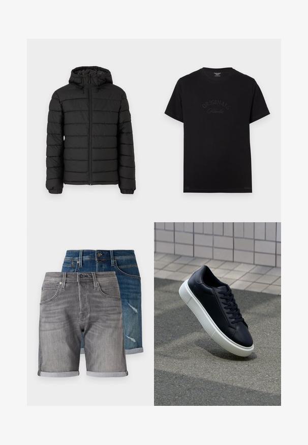 Black puffer jacket with a hood, quilted design, front zipper, elasticated cuffs, and a smooth texture, offering warmth and insulation.; Black cotton t-shirt with short sleeves and a round neckline. Features "ORIGINALS Studio" embossed in tonal lettering on the front.; Denim shorts in dark blue and grey. Features include rolled hems, pockets, and a faded texture on the blue pair with distressed detailing.; Black leather sneaker with rounded toe and white rubber sole. Features flat laces and minimal stitching on the upper. Textured sole for grip.