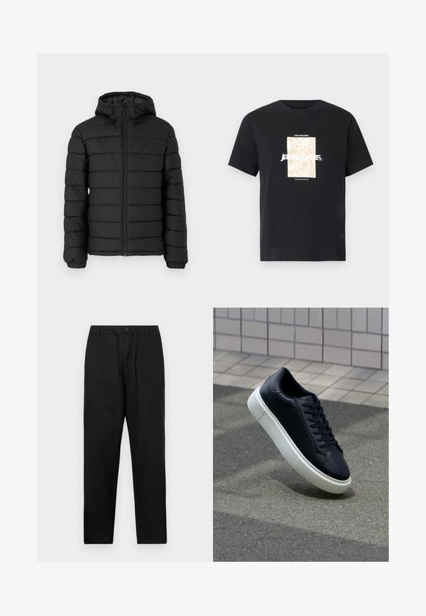 Črna napihnjena jakna s kapuco, prešita zasnova, sprednji zadrga, elastični manšeti in gladka tekstura, ki nudi toploto in izolacijo.; Črna bombažna majica s krožnim izrezom. Ima bež pravokoten grafični vzorec in belo besedilo "JAWO," sredi spredaj. Kratke rokave.; Črne lanene hlače s ravnim krojem, ki vsebujejo gumb za zapiranje, nastavljivo vrvico in brez vidnih vzorcev ali poudarkov.; Črne usnjene superge z zaobljenim prstom in belim gumijastim podplat. Imajo ravne vezalke in minimalno šivanje na zgornjem delu. Teksturirani podplat za oprijem.