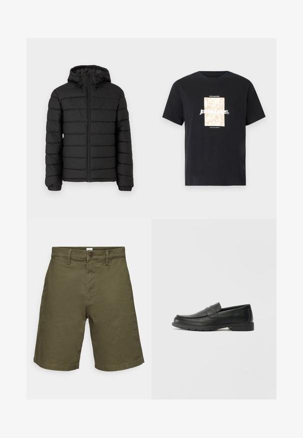 Juodas pūkinis švarkas su gobtuvu, siuvinėta medžiaga, priekinis užtrauktukas, elastingi rankogaliai ir švelni tekstūra, teikianti šilumą ir izoliaciją.; Juodas medvilninis marškinėliai su apvaliu kaklu. Ant priekinės pusės yra smėlio spalvos stačiakampis grafikas ir baltas tekstas "JAWO", centrinėje dalyje. Trumpi rankoviai.; Alyvų žalios spalvos šortai, pagaminti iš medvilnės, su mygtukų uždarymu. Turi plokščią priekį, trumpą ilgį ir matomą siuvimo detalę.; Juodai odiniai loaferiai su sklandžiu paviršiumi, mokasino stiliaus viršus, siuvinėjimu ir guminėmis padangomis. Klasikinis dizainas su žemu kulnu.