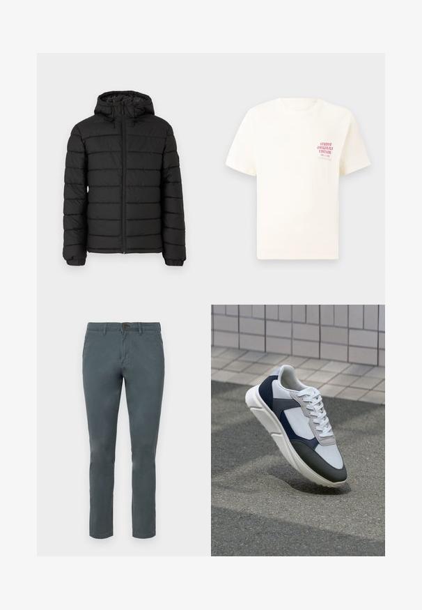 Must musta jope kapuutsiga, vatitud disainiga, ees lukuga, elastsete mansettidega ja siledast tekstuurist, pakkudes soojust ja isolatsiooni.; Valge lühikeste varrukatega T-särk, millel on vasakul rinnal punane tekst "Studio Originals Edition", esitatud neutraalsel hallil taustal.; Hallid puuvillasegu püksid, slim fit lõikega, nupuga kinnitamine ja kaks esist kotti. Sile tekstuur ja sirge jalgade disain.; Valge, mereväe sinine ja hall spordijalats, millel on segatud materjalide disain, tekstureeritud ülemine osa, lame pael ja pehme talla.