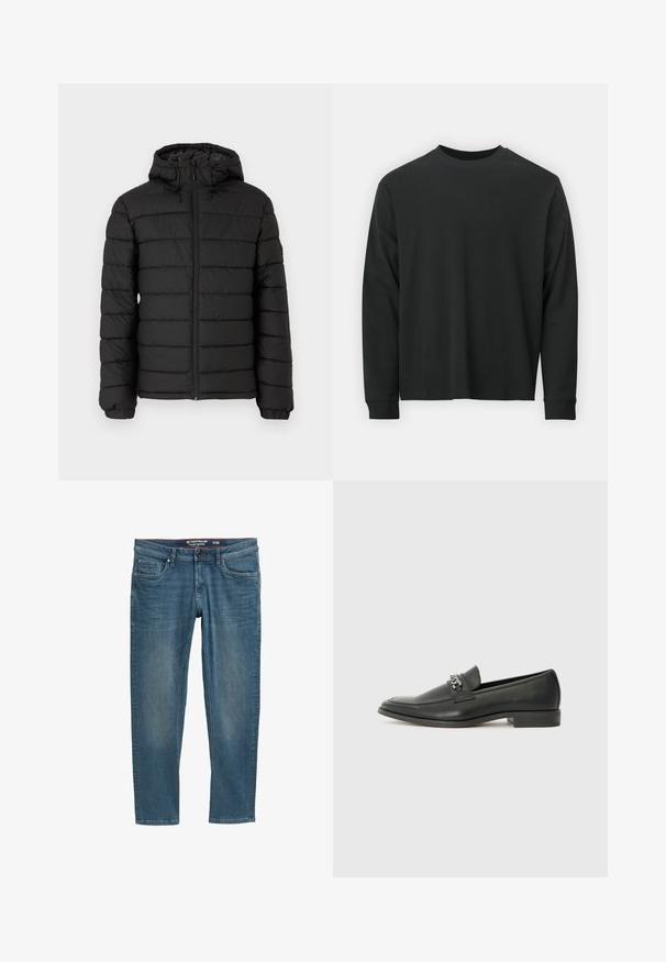 Crna puffer jakna s kapuljačom, sa šivenim uzorkom, prednjim zatvaračem, elastičnim manžetama i glatkom teksturom, koja pruža toplinu i izolaciju.; Dugi rukav crni majica od pamuka, s okruglim izrezom, slobodnog kroja i rebrastim manžetama. Glatka tekstura bez vidljivih uzoraka.; Plave traperice s tapered krojem, dizajnom s pet džepova i crvenim obodom unutar struka. Imaju logo naljepnicu na stražnjem džepu.; Crna kožna loafer cipela s glatkom finišem, s ušivenim uzorkom i dekorativnim metalnim lancem preko prednjeg dijela. Ravni potplat.