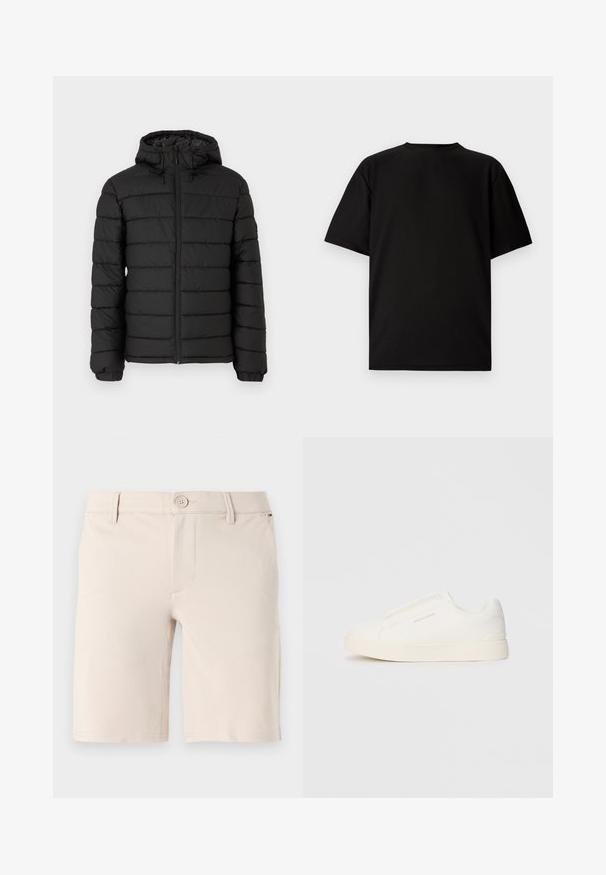 Black puffer jacket with a hood, quilted design, front zipper, elasticated cuffs, and a smooth texture, offering warmth and insulation.; Black short-sleeve T-shirt made from ribbed fabric. Features a round neckline and a relaxed fit with a smooth texture. Back view only.; Beige shorts made of smooth fabric; features a button closure, belt loops, and a clean front design with straight leg openings.; White slip-on sneakers with a textured surface, a thick sole, and minimalistic design. Features brand logo on the side.