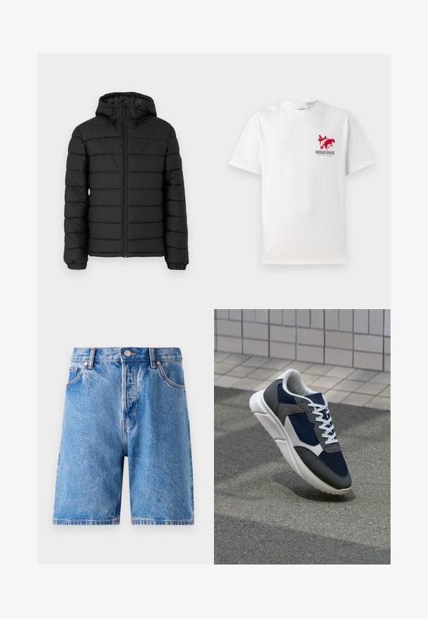 Black puffer jacket with a hood, quilted design, front zipper, elasticated cuffs, and a smooth texture, offering warmth and insulation.; White cotton t-shirt featuring a red cowboy and horse graphic on the left chest with "RODEO DAYS" text beneath the design.; Denim shorts in light blue with a faded wash. Features classic five-pocket design, button closure, and copper-tone rivets.; Sneaker featuring a navy blue mesh upper, gray suede accents, white rubber sole, and flat white laces, designed for comfort and breathability.