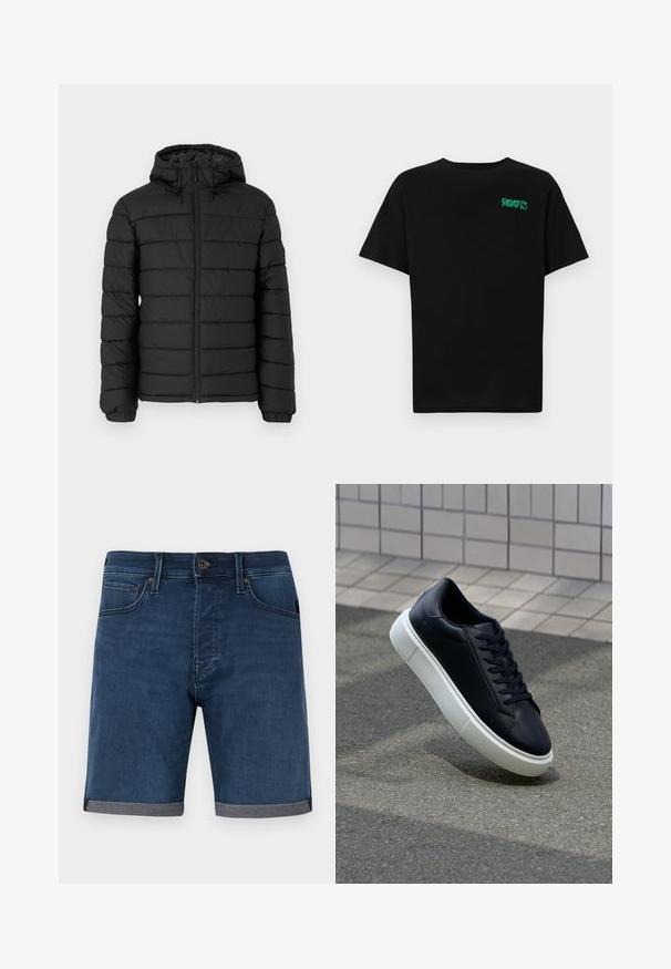 Zwarte pufferjack met capuchon, gewatteerd ontwerp, vooraan met rits, elastische manchetten en een gladde textuur, biedt warmte en isolatie.; Zwarte T-shirt van katoen met korte mouwen. Heeft een groen "ROOTS" logo op de voorkant, een ronde halslijn en een standaard pasvorm.; Donkerblauwe denimshorts met een opgerolde grijze zoom. Voorzien van een klassieke vijf-pocketontwerp en een knoopsluiting in de taille.; Zwarte leren sneaker met een ronde neus en een witte rubberen zool. Voorzien van platte veters en minimale stiksels op het bovenwerk. Textuurrijke zool voor grip.