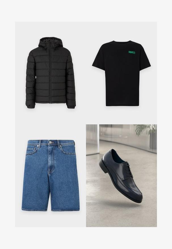 Juodas pūkinis švarkas su gobtuvu, siuvinėta medžiaga, priekinis užtrauktukas, elastingi rankogaliai ir švelni tekstūra, teikianti šilumą ir izoliaciją.; Juodas medvilninis marškinėliai trumpomis rankovėmis. Priekyje yra žalias „ROOTS“ logotipas, apvalus iškirpimas ir standartinė prigludimo forma.; Džinsiniai šortai vidutinio mėlynumo atspalvyje, turintys klasikinį penkių kišenių dizainą, siuvinėjimo akcentus ir tiesią siluetą.; Blizgūs juodi odiniai suknelės batai su raišteliais, skirti pakibti virš lygaus, šviesiai pilko grindų paviršiaus ir vertikalių metalinių strypų fone.