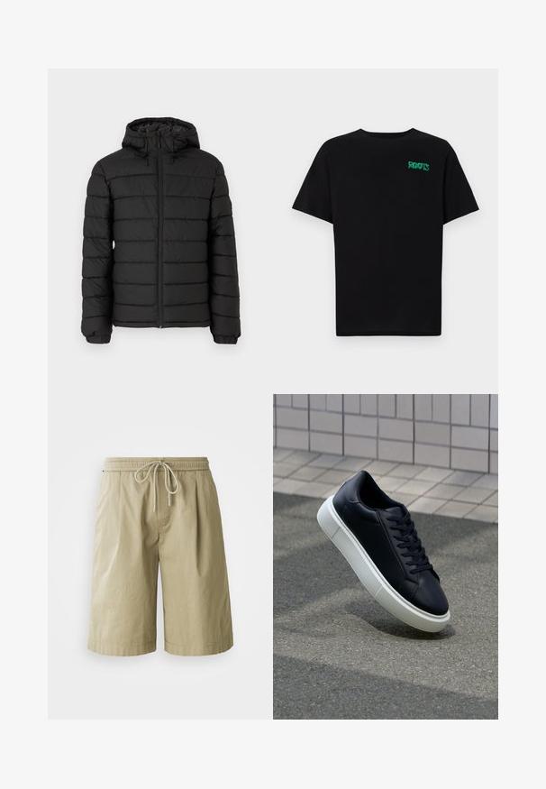 Doudoune noire avec capuche, motif matelassé, fermeture éclair à l'avant, poignets élastiqués et texture lisse, offrant chaleur et isolation.; T-shirt noir en coton à manches courtes. Présente un logo "ROOTS" vert sur le devant, un col rond et une coupe standard.; Shorts en coton beige avec une taille élastique et un cordon de serrage. Comprend des poches latérales et un design décontracté avec une coupe droite.; Baskets noires en cuir avec bout arrondi et semelle en caoutchouc blanc. Elles présentent des lacets plats et une couture minimale sur la tige. Semelle texturée pour une bonne adhérence.