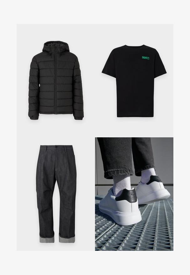 Crna puffer jakna s kapuljačom, sa šivenim uzorkom, prednjim zatvaračem, elastičnim manžetama i glatkom teksturom, koja pruža toplinu i izolaciju.; Crna majica kratkih rukava od pamuka. Na prednjem dijelu se nalazi zeleni "ROOTS" logo, okrugli izrez i standardni kroj.; Tamno plavi traperice s preklopljenim rubovima, prednjim gumbom i zatvaračem, petljama za pojas i suptilnim detaljima šivanja.; Bijele tenisice s crnim detaljem na peti koji sadrži dizajn nasmijanog lica, od glatke kože, ravnim gumeni potplat i teksturiranim detaljima.