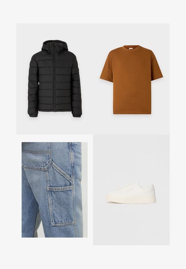 Black puffer jacket with a hood, quilted design, front zipper, elasticated cuffs, and a smooth texture, offering warmth and insulation.; Brown short-sleeve t-shirt made of soft fabric, featuring a round neckline and relaxed fit with straight hem. No visible patterns or accents.; Light blue denim cargo pants feature a large side pocket, subtle stitching accents, and a relaxed fit with a slightly textured finish.; White slip-on sneakers with a textured surface, a thick sole, and minimalistic design. Features brand logo on the side.