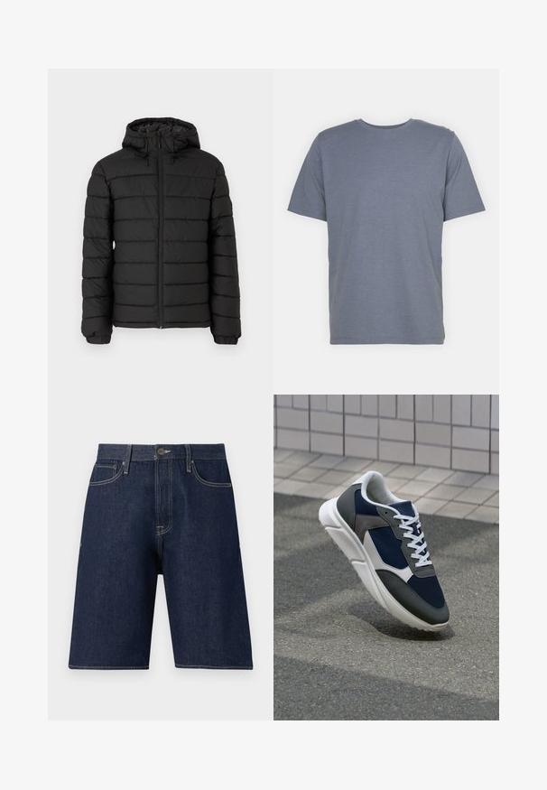 Black puffer jacket with a hood, quilted design, front zipper, elasticated cuffs, and a smooth texture, offering warmth and insulation.; Gray short-sleeve T-shirt with a round neck, made of soft cotton blend fabric. Simple design, no patterns or accents.; Dark blue denim shorts with a straight cut, featuring a button closure, belt loops, and tonal stitching. No visible patterns or embellishments.; Sneaker featuring a navy blue mesh upper, gray suede accents, white rubber sole, and flat white laces, designed for comfort and breathability.