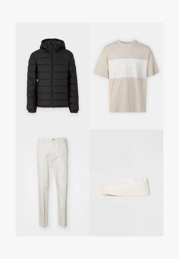 Črna napihnjena jakna s kapuco, prešita zasnova, sprednji zadrga, elastični manšeti in gladka tekstura, ki nudi toploto in izolacijo.; Bež bombažna majica s kratkimi rokavi, ki ima belo vodoravno ploščo z embosiranim napisom "JACK & JONES ESSENTIALS WORLDWIDE".; Svetlo bež hlače, narejene iz mehke, strukturirane tkanine. Imajo gumbasto zapiranje, zanke za pas in ravne noge. Čist, natančen dizajn.; Bele zapete brez vezalk z teksturirano površino, debelim podplatom in minimalističnim dizajnom. Na strani se nahaja logotip blagovne znamke.
