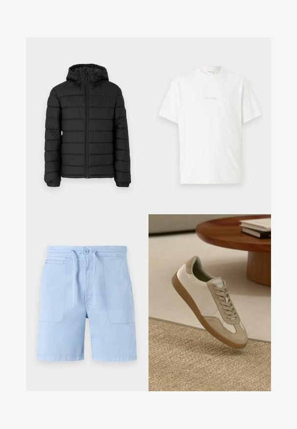 Juodas pūkinis švarkas su gobtuvu, siuvinėta medžiaga, priekinis užtrauktukas, elastingi rankogaliai ir švelni tekstūra, teikianti šilumą ir izoliaciją.; Balta medvilnės marškinėliai su apvalia kaklo iškirpte, trumpomis rankovėmis ir mažu atspaudu priekyje. Lygus audinys ir laisvas siluetas.; Šviesiai mėlynos medvilninės šortai su raišteliu talijoje, dviem priekinių kišenių ir lygiomis tekstūromis. Paprastas dizainas su minimaliomis detalėmis.; Lengvas sportinis batelis su baltu odiniu viršumi, su kreminėmis zomšos detalėmis, apvalia nosimi ir tekstūruotu rudu guminio padu.