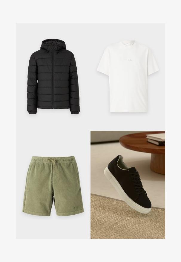 Black puffer jacket with a hood, quilted design, front zipper, elasticated cuffs, and a smooth texture, offering warmth and insulation.; White cotton t-shirt with a crew neck, short sleeves, and a small printed logo on the front. Smooth texture and relaxed fit.; Light green corduroy shorts with an elastic waistband and drawstring. Features side pockets and subtle stitching details.; Black sneaker with white sole floating above beige textured rug near round wooden table with stacked books.