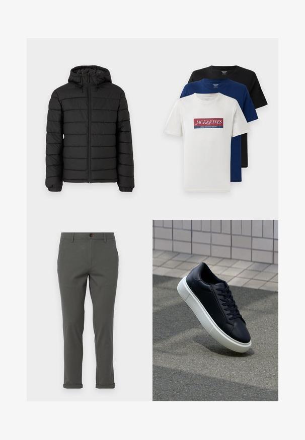 Giacca a vento nera con cappuccio, design trapuntato, zip frontale, polsini elasticizzati e una texture liscia, che offre calore e isolamento.; Tre t-shirt a maniche corte col collo a giro, impilate, di colore bianco con logo rosso e blu, blu navy e nero, esposte su uno sfondo bianco.; Pantaloni grigi con design a gamba dritta, realizzati in tessuto leggero, con orlo arrotolato e chiusura con un singolo bottone anteriore.; Sneaker in pelle nera con punta arrotondata e suola in gomma bianca. Presenta lacci piatti e cuciture minime sulla parte superiore. Suola testurizzata per una migliore aderenza.