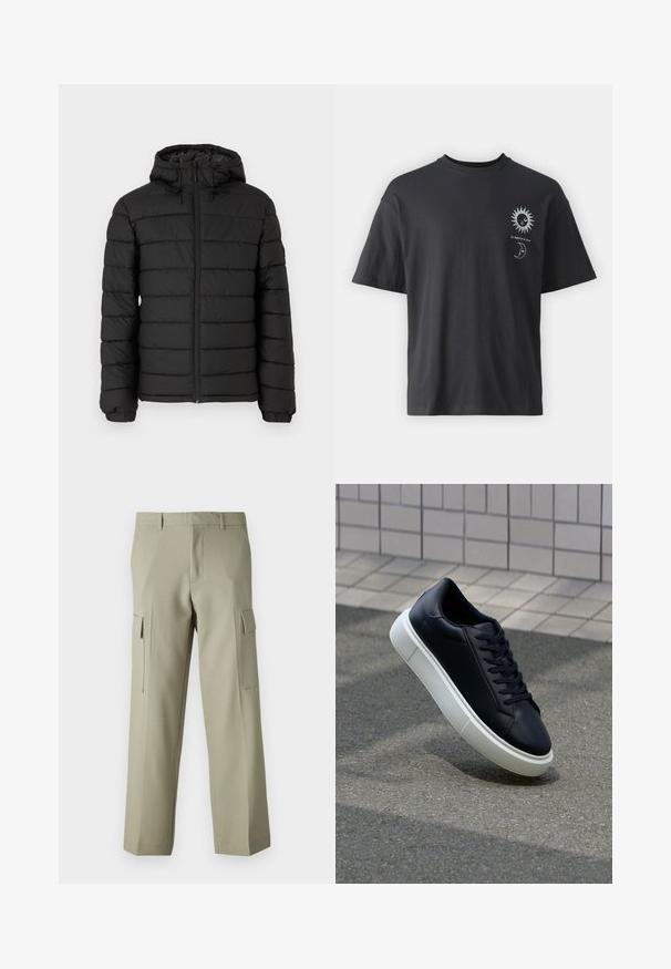 Casaco puffer preto com capuz, design acolchoado, fecho frontal com zíper, punhos elásticos e uma textura suave, oferecendo calor e isolamento.; T-shirt de algodão preto com mangas curtas, decote redondo e gráficos frontais de um sol e uma lua, acompanhados do texto "Le Soleil et La Lune."; Calças cargo verde claro com um design de perna reta, apresentando bolsos laterais e uma textura de tecido suave. Visão traseira exibida.; Sapatilha de couro preto com bico arredondado e sola de borracha branca. Apresenta atacadores planos e costuras mínimas na parte superior. Sola texturizada para melhor aderência.