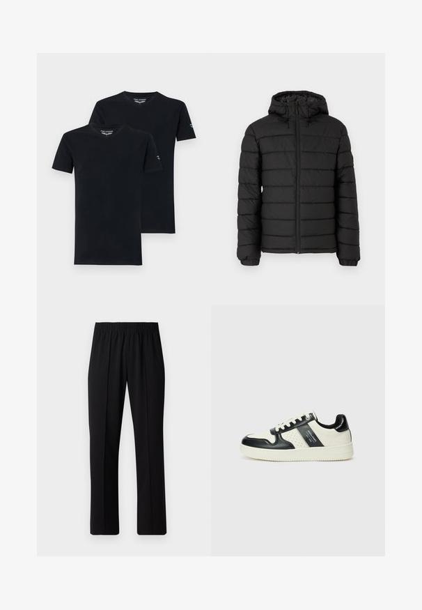 Chaqueta de plumas negra con capucha, diseño acolchado, cremallera frontal, puños elásticos y una textura suave, que ofrece calidez y aislamiento.; Dos camisetas de algodón negras con mangas cortas y diseño de escote en V, que cuentan con una etiqueta en el cuello y un pequeño logo en la manga.; Pantalones negros con cintura elástica y diseño de pierna recta, con una textura suave y sin patrones o herrajes visibles.; Zapatillas de cuero con un esquema de colores negro y crema, que cuentan con acentos perforados, un collar acolchado y una suela texturizada.