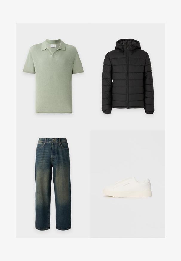 Melnā pūkāmā jaka ar kapuci, ar quilted dizainu, priekšējo rāvējslēdzēju, elastīgām piedurknēm un gludu tekstūru, nodrošinot siltumu un izolāciju.; Gaišzaļa īsām piedurknēm polo krekls ar V veida kakla izgriezumu. Ribota tekstūra, mīksta auduma, un klasiskā apkakles dizains.; Zili džinsi ar taisnu piegriezumu, ar nolietotu dizainu un gaišākiem toņiem pie apakšas, pieci kabatas un pogu aizdare.; Baltas slip-on sporta apavi ar teksturētu virsmu, biezu zoli un minimālistisku dizainu. Sānos redzams zīmola logotips.