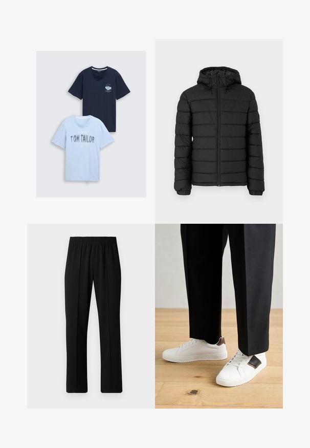 Must musta jope kapuutsiga, vatitud disainiga, ees lukuga, elastsete mansettidega ja siledast tekstuurist, pakkudes soojust ja isolatsiooni.; Kaks puuvillast t-särki: üks tumepunane, koos rinna graafikaga, ja üks helesinine, kus on tekst "TOM TAILOR" ja Havanna kujundus. Ümar kaelus, lühikesed varrukad.; Mustad, elastse puusärgid sirge säärega, mis on sileda tekstuuriga ja ilma nähtavate mustrite või riistadega.; Valged sneakersid siledat tekstuurist, millel on pruunad nahast detailid ja mustad aksessuaarid, millele on sobitatud mustad kohandatud püksid. Puitpõranda taust.