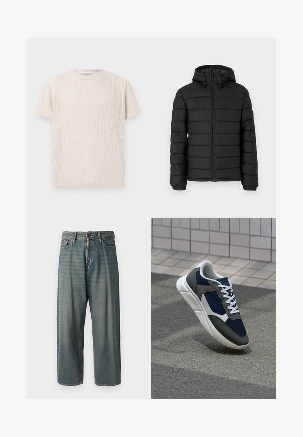 Juodas pūkinis švarkas su gobtuvu, siuvinėta medžiaga, priekinis užtrauktukas, elastingi rankogaliai ir švelni tekstūra, teikianti šilumą ir izoliaciją.; Šviesiai pilka trumpomis rankovėmis marškinėliai su tekstūruota raštu ir laisvu siluetu. Apvalus iškirpimas ir minkšta medžiaga, tinkama kasdieniam dėvėjimui.; Šviesiai mėlyni džinsai su laisvu siluetu, vidutinio aukščio juosmeniu ir tiesiomis kojomis. Su penkiais kišenėmis, diržo kilpo ir mygtukų uždarymu.; Sportiniai bateliai su tamsiai mėlynu tinkliniu viršumi, pilkais zomšiniais akcentais, balta guma padanga ir plokščiomis baltomis raištelėmis, sukurti komfortui ir oro pralaidumui.