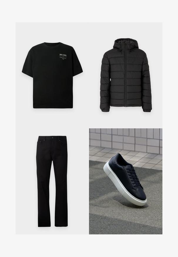 Mustahuppu takki, jossa on tikkipinta, etuvetoketju, joustavat hihansuut ja sileä tekstuuri, tarjoten lämpöä ja eristystä.; Musta puuvillapaita, jossa on pyöreä kaula-aukko ja lyhyet hihat; etuosassa on valkoista painettua tekstiä vasemmassa yläkulmassa. Sujuva pinta.; Mustat suorat farkut, valmistettu denimistä, etuläpällä, kahdella sivutaskulla ja sileällä pinnalla.; Mustat nahkakengät, joissa on pyöristetty kärki ja valkoinen kumipohja. Varusteena litteät nauhat ja minimaalinen ommel ylhäällä. Teksturoitu pohja pitävyyden lisäämiseksi.