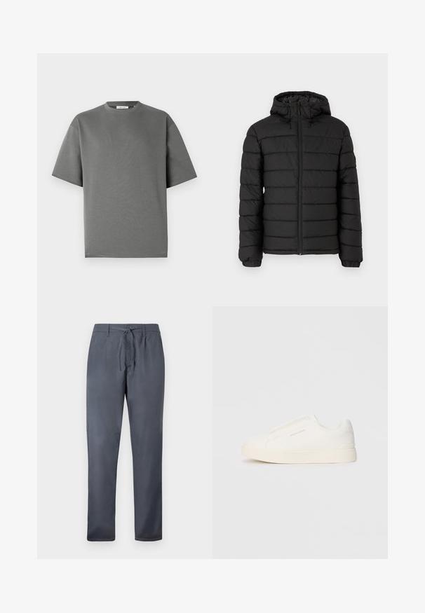 Crna puffer jakna s kapuljačom, sa šivenim uzorkom, prednjim zatvaračem, elastičnim manžetama i glatkom teksturom, koja pruža toplinu i izolaciju.; Siva majica s kratkim rukavima napravljena od mekog pamuka, s okruglim izrezom i opuštenim krojem s minimalnim detaljima šivanja.; Sive hlače izrađene od glatke tkanine, s vezicom na struku i bočnim džepovima. Dizajn ravnog kroja s urednim završetkom.; Bijele slip-on tenisice s teksturiranom površinom, debelim đonom i minimalističkim dizajnom. Sadrže logo branda sa strane.