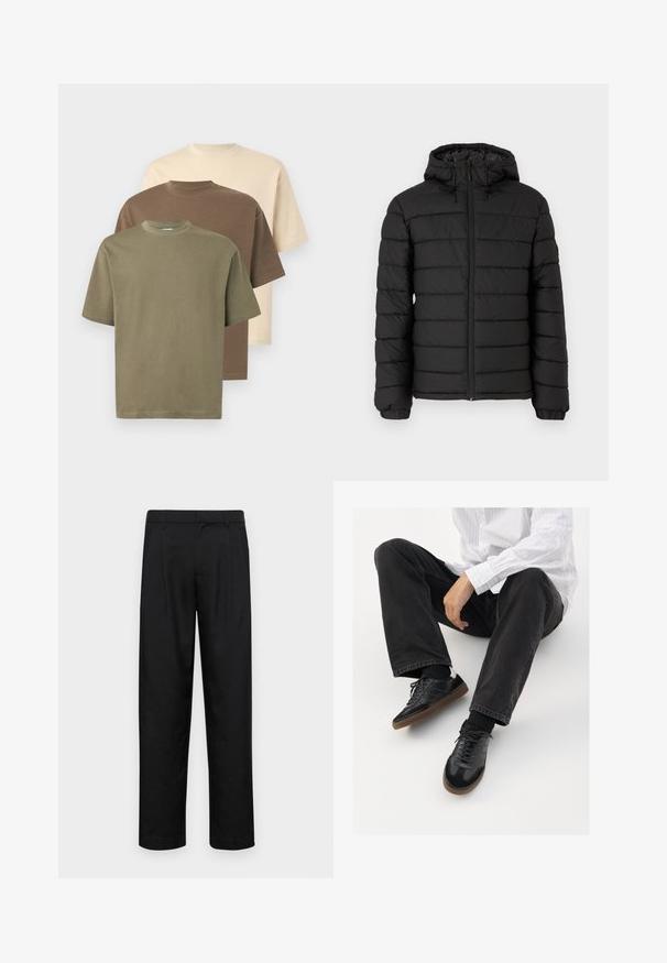 Μαύρο μπουφάν με κουκούλα, σχέδιο με καπιτονέ, μπροστινό φερμουάρ, ελαστικές μανσέτες και λεία υφή, προσφέροντας ζεστασιά και μόνωση.; Τρία μπλουζάκια με λαιμόκοψη σε ελαιόλαδο, καφέ και μπεζ, με κοντά μανίκια, κατασκευασμένα από βαμβακερό ύφασμα με μαλακή υφή.; Μαύρο παντελόνι από λείο ύφασμα, με ίσια γραμμή, δύο μπροστινές πιέτες και κανονική μέση με θηλιές ζώνης.; Μαύρα αθλητικά παπούτσια με λείο και υφασμάτινο πάνω μέρος, διαθέτοντας καουτσούκ σόλα και σκούρες κορδόνες. Συνδυασμένα με μαύρα τζιν και λευκό πουκάμισο με ρίγες.