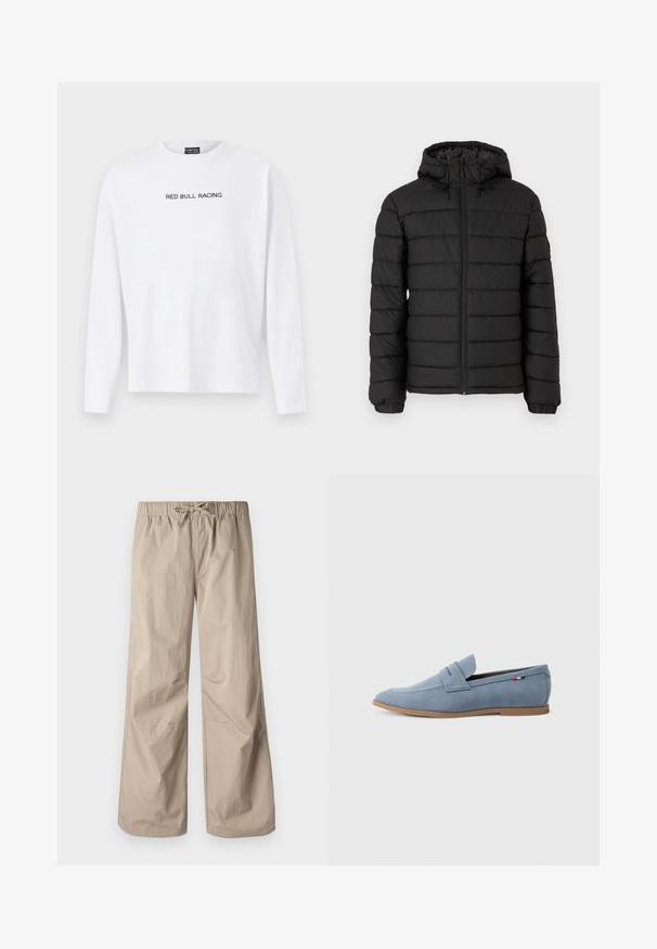 Black puffer jacket with a hood, quilted design, front zipper, elasticated cuffs, and a smooth texture, offering warmth and insulation.; White long-sleeve t-shirt made of cotton, featuring "RED BULL RACING" printed in black across the chest. Crew neck design, relaxed fit.; Beige wide-leg pants with an elastic waistband and drawstring. Smooth texture, two side pockets, and minimal seams for a relaxed fit.; Light blue suede loafer with a smooth texture, decorative stitching, and a brown rubber sole. Features a penny slot design on the upper.