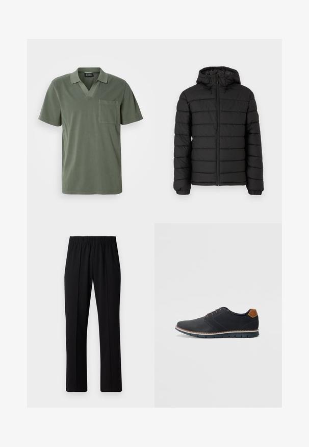 Schwarze Pufferjacke mit Kapuze, gestepptem Design, Frontreißverschluss, elastischen Bündchen und glatter Textur, die Wärme und Isolation bietet.; Olivegrünes Polo-Shirt mit kurzen Ärmeln, V-Ausschnitt, Brusttasche und einer weichen Baumwollqualität. Minimalistisches Design mit klaren Linien.; Schwarze, Gummibund-Hosen mit geradem Schnitt, die eine glatte Textur aufweisen und keine sichtbaren Muster oder Beschläge haben.; Schwarze synthetische Schuhe mit einer strukturierten Oberseite, glatten Akzenten, braunem Absatz und einer kontrastierenden Sohle. Verfügt über minimale Schnürung und Nähdetails.