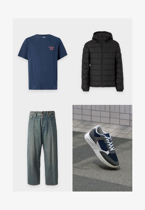 Μαύρο μπουφάν με κουκούλα, σχέδιο με καπιτονέ, μπροστινό φερμουάρ, ελαστικές μανσέτες και λεία υφή, προσφέροντας ζεστασιά και μόνωση.; Ναυτικό μπλε βαμβακερό t-shirt με στρογγυλή λαιμόκοψη, κοντά μανίκια και μια μικρή κόκκινη γραφική απεικόνιση στην αριστερή πλευρά του στήθους που αναγράφει "ΓΙΑ ΤΗ ΒΑΖΕΙ ΤΗΣ ΖΩΗΣ ΙΔΡΥΘΕΙΣ 1947."; Ανοιχτό μπλε τζιν παντελόνι με χαλαρή γραμμή, μέση μέσου ύψους και ευθείες γραμμές. Περιλαμβάνει πέντε τσέπες, θηλιές ζώνης και κούμπωμα με κουμπί.; Αθλητικά παπούτσια με επάνω μέρος από ναυτικό μπλε διχτυωτό ύφασμα, γκρι σουέτ λεπτομέρειες, λευκή καουτσούκ σόλα και επίπεδα λευκά κορδόνια, σχεδιασμένα για άνεση και αερισμό.