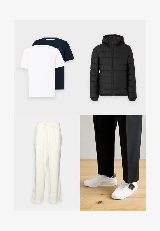 Sort pufferjakke med hætte, quiltet design, frontlynlås, elastiske manchetter og en glat tekstur, der tilbyder varme og isolering.; To crew neck t-shirts: en hvid med lys tekst, en navy blå med grafisk print. Begge er kortærmede og lavet af blødt stof.; Linnedbukser i off-white med snoreliv, let brede ben og opsmøgede manchetter til en afslappet pasform. Ingen lommer.; Hvide sneakers med glat tekstur, prydet med brune læderdetaljer og sorte detaljer, sammen med sorte skræddersyede bukser. Baggrund med trægulv.