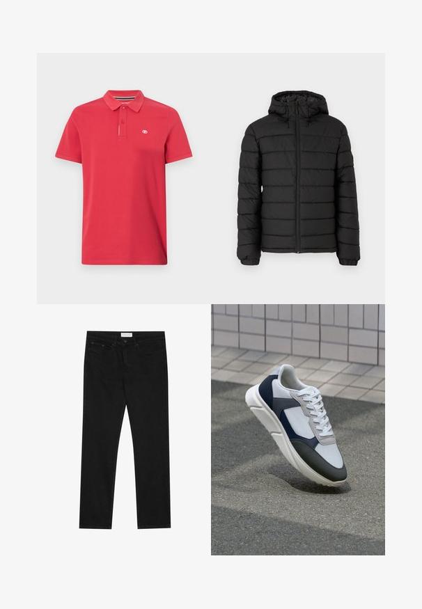 Doudoune noire avec capuche, motif matelassé, fermeture éclair à l'avant, poignets élastiqués et texture lisse, offrant chaleur et isolation.; Polo-shirt rouge en coton avec un col classique, une patte de boutonnage à trois boutons et un petit logo brodé sur la poitrine gauche. Manches courtes.; Jean droit noir avec un design à cinq poches, fermeture à bouton et zip, et une étiquette de marque Pier One sur la taille.; Baskets blanches, bleu marine et grises avec un design en matériaux mélangés, présentant une tige texturée, des lacets plats et une semelle rembourrée.