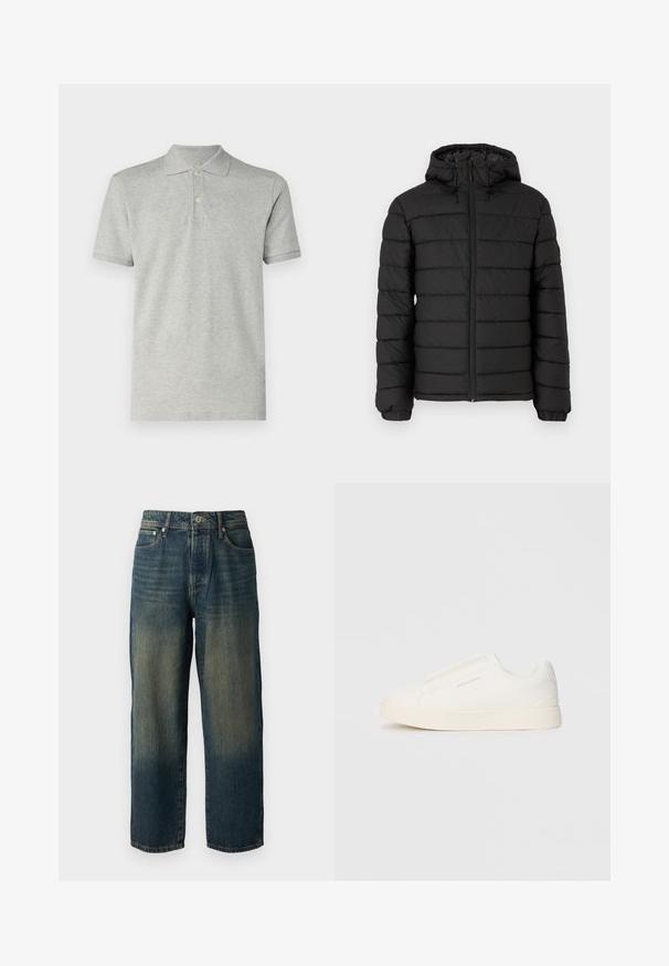 Must musta jope kapuutsiga, vatitud disainiga, ees lukuga, elastsete mansettidega ja siledast tekstuurist, pakkudes soojust ja isolatsiooni.; GAP Polosärk - heather grey; Sinine denimpüksid sirge lõikega, millel on pleekinud disain heledama varjundiga alläärtes, viis taskut ja nööpidega sulgus.; Valged libisemiskindlad tossud tekstuuriga pinnaga, paksu tallaga ja minimalistikus disainis. Küljel on brändi logo.