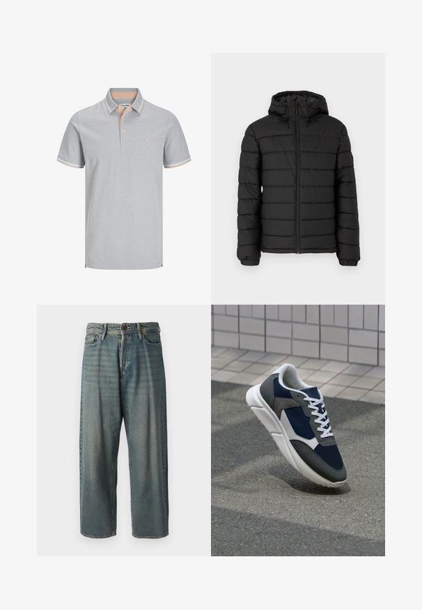 Črna napihnjena jakna s kapuco, prešita zasnova, sprednji zadrga, elastični manšeti in gladka tekstura, ki nudi toploto in izolacijo.; Svetlo siva polosrajca s ovratnikom, dvema gumboma in kontrastnimi breskevasto obarvanimi črtami na ovratniku in rokavih. Preprost logotip kot dodatek.; Svetlomoderne kavbojke z ohlapnim krojem, srednjim pasom in ravnimi nogami. Imajo pet žepov, zanke za pas in zapiranje na gumb.; Superge z zgornjim delom iz mrežaste tkanine v mornarsko modri barvi, sivi usnjeni poudarki, belo gumijasto podplato in ravnimi belimi vezalkami, zasnovane za udobje in zračnost.