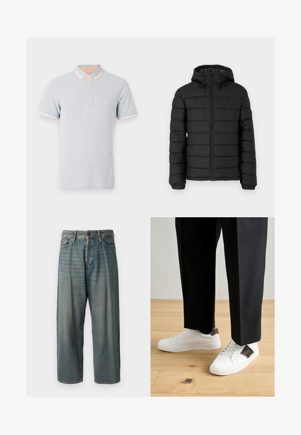 Fekete, kapucnis puffertakó, steppelt mintával, elöl cipzárral, rugalmas mandzsettákkal és sima textúrával, mely melegséget és szigetelést biztosít.; Világosszürke pólóing, rövid ujjú, barackszínű gallérral és mandzsettákkal, fehér díszítéssel, három gomb, hímzett logó a mellkasán.; Világoskék farmernadrág, laza fazonnal, közepes derékbőséggel és egyenes szárral. Öt zsebet, övbucskát és gombos záródást tartalmaz.; Fehér sneaker, sima textúrával, barna bőr díszítéssel és fekete részletekkel, fekete szabott nadrággal párosítva. Fából készült padló háttér.
