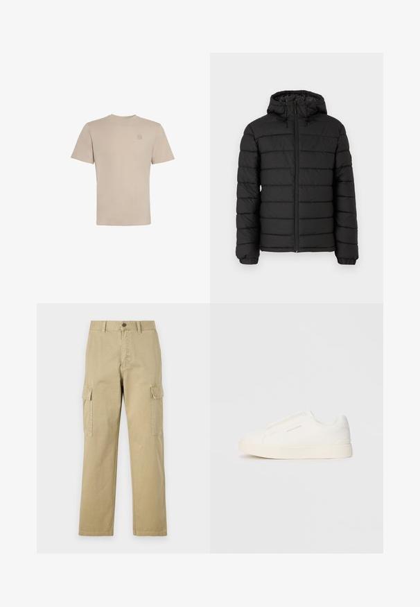 Black puffer jacket with a hood, quilted design, front zipper, elasticated cuffs, and a smooth texture, offering warmth and insulation.; Beige short-sleeve crew-neck T-shirt with small embroidered logo on the left chest, displayed against a plain white background.; Beige cargo pants made of cotton, featuring two side pockets, a button closure, and straight legs with a slightly textured fabric.; White slip-on sneakers with a textured surface, a thick sole, and minimalistic design. Features brand logo on the side.