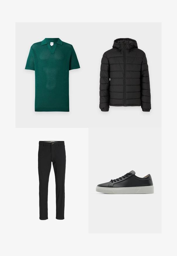 Svart puffjacka med huva, quiltad design, framdragkedja, elastiska ärmslut och en mjuk textur, som erbjuder värme och isolering.; Grön stickad polo med en strukturerad öppen väv, korta ärmar och klassisk krage. Har en v-ringning och ribbad nederkant.; Svarta bomullsblandade byxor med en smal passform, med knappstängning, fickor och uppvikta fållar för en avslappnad stil.; Svart lädersneaker med en slät yta, rund tå och svarta skosnören. Har en tjock, vit gummisula med subtila geometriska accenter.