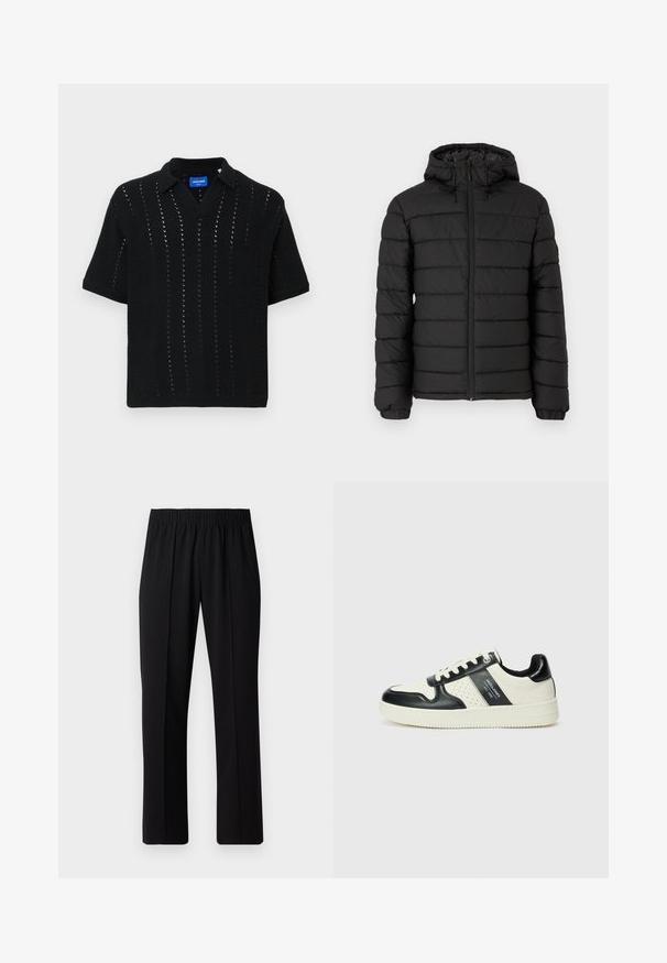 Doudoune noire avec capuche, motif matelassé, fermeture éclair à l'avant, poignets élastiqués et texture lisse, offrant chaleur et isolation.; Polo-shirt noir tricoté à manches courtes, présentant un col en V, un motif ajouré et des poignets côtelés. Étiquette visible à l'intérieur du col.; Pantalons noirs à taille élastique avec une coupe droite, présentant une texture lisse et sans motifs ni éléments visibles.; Baskets en cuir avec un schéma de couleurs noir et crème, dotées d'accents perforés, d'un col rembourré et d'une semelle texturée.