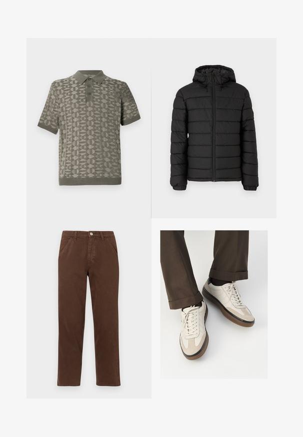 Čierna bomberová bunda s kapucňou, prešívaný dizajn, predný zips, elastické manžety a hladká textura, poskytujúca teplo a izoláciu.; Polo tričko s krátkym rukávom v olivovej farbe s geometrickým vzorom, s rebrovaným golierom a lemom, a troma gombíkmi na prednej strane.; Hnedé bavlnené nohavice s rovnými nohavicami, prednými vreckami a kovovým zapínaním na gombík. Majú hladkú textúru a minimalistický dizajn.; Béžové tenisky s textúrovanou zamšovou prednou časťou, hladkými koženými bočnými stranami a hnusou gumovou podrážkou. Obsahujú šnúrky a svetlé stehy ako detail.