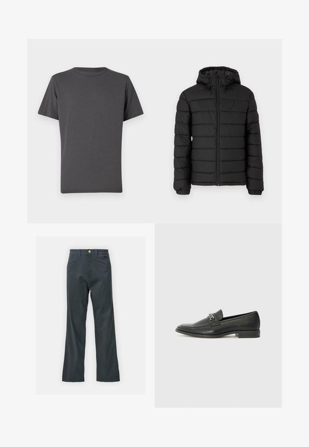 Fekete, kapucnis puffertakó, steppelt mintával, elöl cipzárral, rugalmas mandzsettákkal és sima textúrával, mely melegséget és szigetelést biztosít.; Sötét szürke, kerek nyakú póló, rövid ujjú, puha anyagból készült. Az elején egy diszkrét logó található, sima textúrával és minimális varratokkal.; Fekete nadrág egyenes szárú fazonban, pamut keverék anyagból készült. Fém gombos záródással és oldalsó zsebekkel rendelkezik. Nincs látható mintázat.; Fekete bőr loaferek sima felülettel, varrott mintával és díszítő fém lánccal a cipő elején. Lapos sarok.