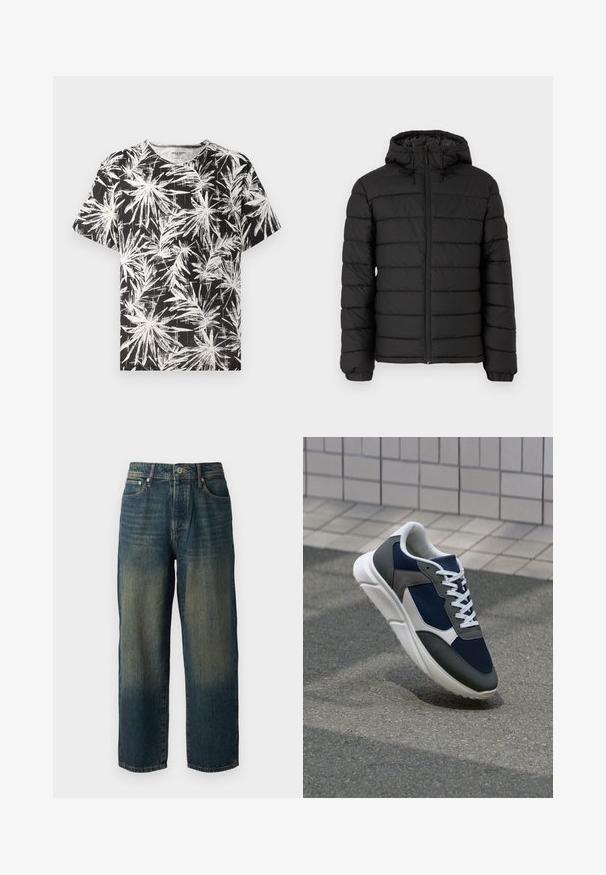 Fekete, kapucnis puffertakó, steppelt mintával, elöl cipzárral, rugalmas mandzsettákkal és sima textúrával, mely melegséget és szigetelést biztosít.; Fekete póló, fehér absztrakt pálmalevél mintával, rövid ujjú és kerek nyakkivágású, könnyű pamut anyagból készült.; Kék farmernadrág egyenes szabással, elhasználódott dizájnnal, a szár aljához közel világosabb árnyalatokkal, öt zsebbel és gombbal záródik.; Cipő, amelynek sötétkék hálós felsőrésze, szürke velúr díszítései, fehér gumitalpa és lapos fehér fűzője van, a kényelem és a légáteresztő képesség érdekében tervezve.