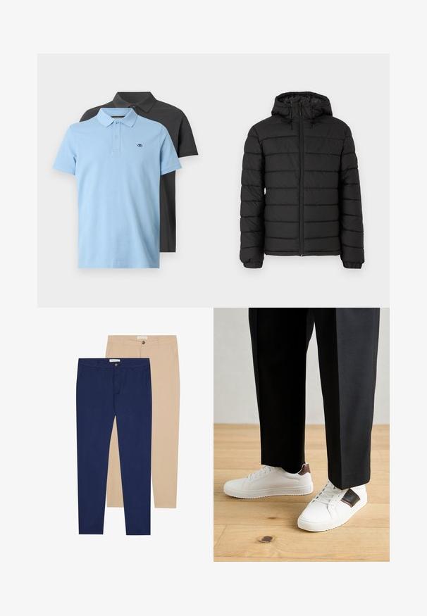 Fekete, kapucnis puffertakó, steppelt mintával, elöl cipzárral, rugalmas mandzsettákkal és sima textúrával, mely melegséget és szigetelést biztosít.; Két pólóing: az egyik világoskék, gallérral és gombokkal, a másik sötétszürke. Mindkettőn kicsi logó található a mellrészén és rövid ujjú.; Két nadrág: az egyik sötétkék, a másik bézs. Mindkettő egyenes szabású, gombos záródású és sima szövet textúrájú.; Fehér sneaker, sima textúrával, barna bőr díszítéssel és fekete részletekkel, fekete szabott nadrággal párosítva. Fából készült padló háttér.