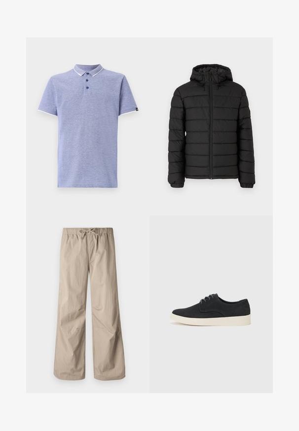 Svart pufferjakke med hette, quiltet design, glidelås foran, elastiske mansjetter og en glatt tekstur som gir varme og isolasjon.; Polo skjorte i lyseblått stoff med korte ermer, krage, tre-knappers lukking og kontrasterende hvite detaljer på kragen og ermene.; Beige vide bukser med elastisk talje og snøre. Glat tekstur, to sidelommer og minimale syninger for en afslappet pasform.; Sorte svinedersko med snøring og rund tå, lett kremfarget såle og subtile blå broderi detaljer på overdelen.