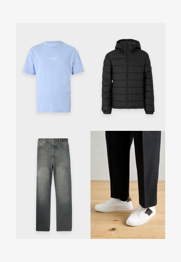 Chaqueta de plumas negra con capucha, diseño acolchado, cremallera frontal, puños elásticos y una textura suave, que ofrece calidez y aislamiento.; Camiseta de tirantes corta de color azul claro con un pequeño texto blanco "DENIM TOM TAILOR" centrado en el pecho.; Jack & Jones JJIALEX JJCOOPER - Vaqueros baggy - black denim; Zapatillas blancas con textura suave, con acentos de cuero marrón y detalles en negro, combinadas con pantalones negros ajustados. Fondo de suelo de madera.