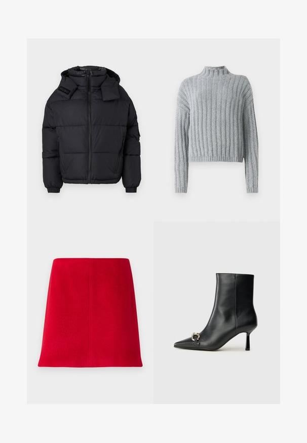 Sort pufferjakke med høj krave og aftagelig hætte, med lynlås foran, elastiske manchetter og et prægede logo på skulderen.; Lys grå chunky strikket sweater med ribbet mønster, høj hals, lange ærmer og en lidt cropped pasform.; Hvid langærmet skjorte med knapper i en blød bomuldsblanding. Har en klassisk krave, frontlukning med knapper og rundede manchetter.; Rød mini nederdel lavet af struktureret stof med lige snit. Designet har en sømløs front og rene linjer uden udsmykninger.; Sort læder ankelstøvle med spidse tæer, slank hæl i mellemhøjde og sølvspænde detaljer på siden mod en ensfarvet baggrund.